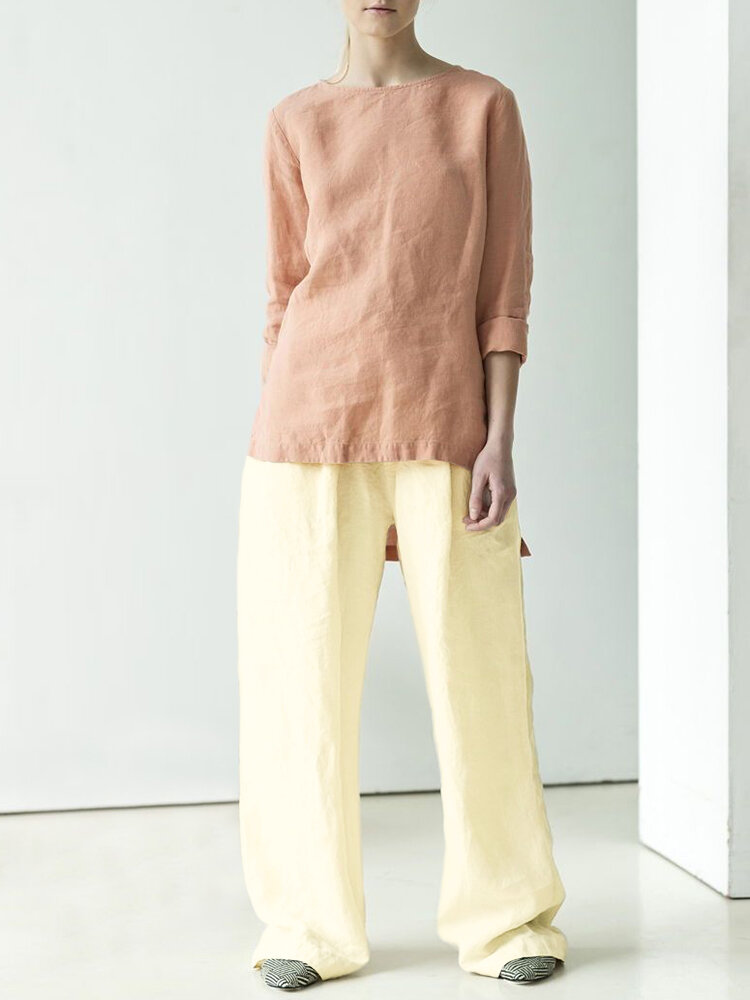 

Women Cotton Linen High Low Split Hem Top Loungewear Sets With Long Pants