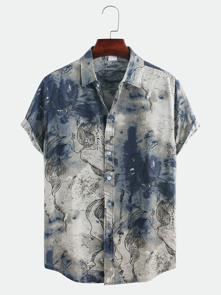 Men Abstract Printed Short Sleeve Turn Down Collar Casual Shirts