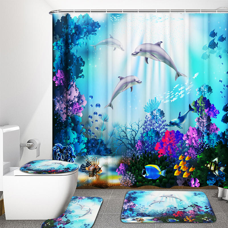 US Dolphin Ocean Waterproof Shower Curtain Bath Mat Toliet Pedestal Rug Cover 