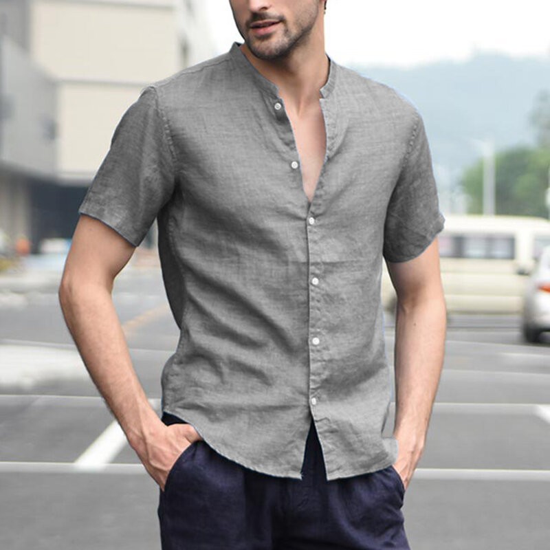 Men linen short sleeve shirt beach loose soft casual collarless shirt ...