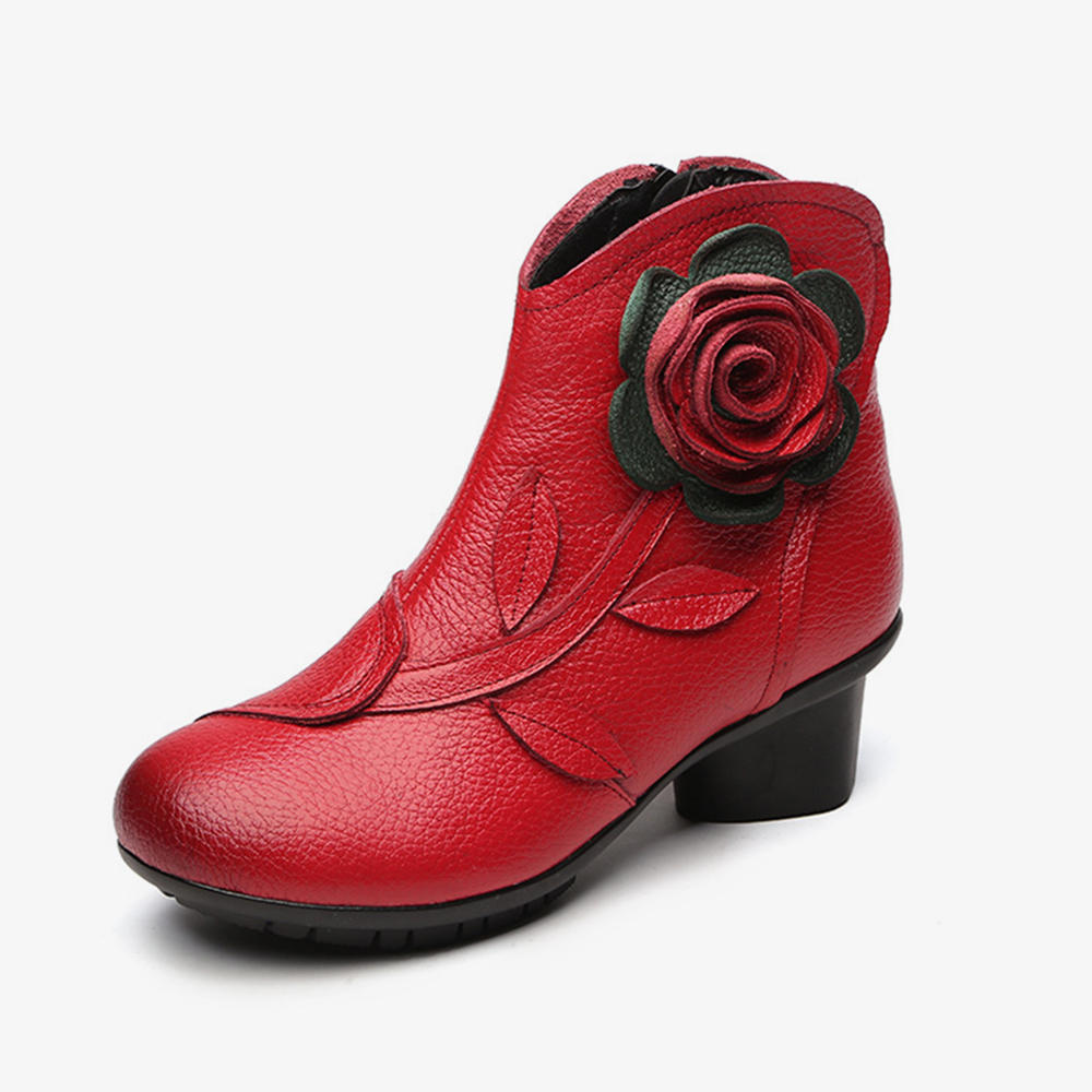 Women Retro Handmade Flower Leather Ankle Boots