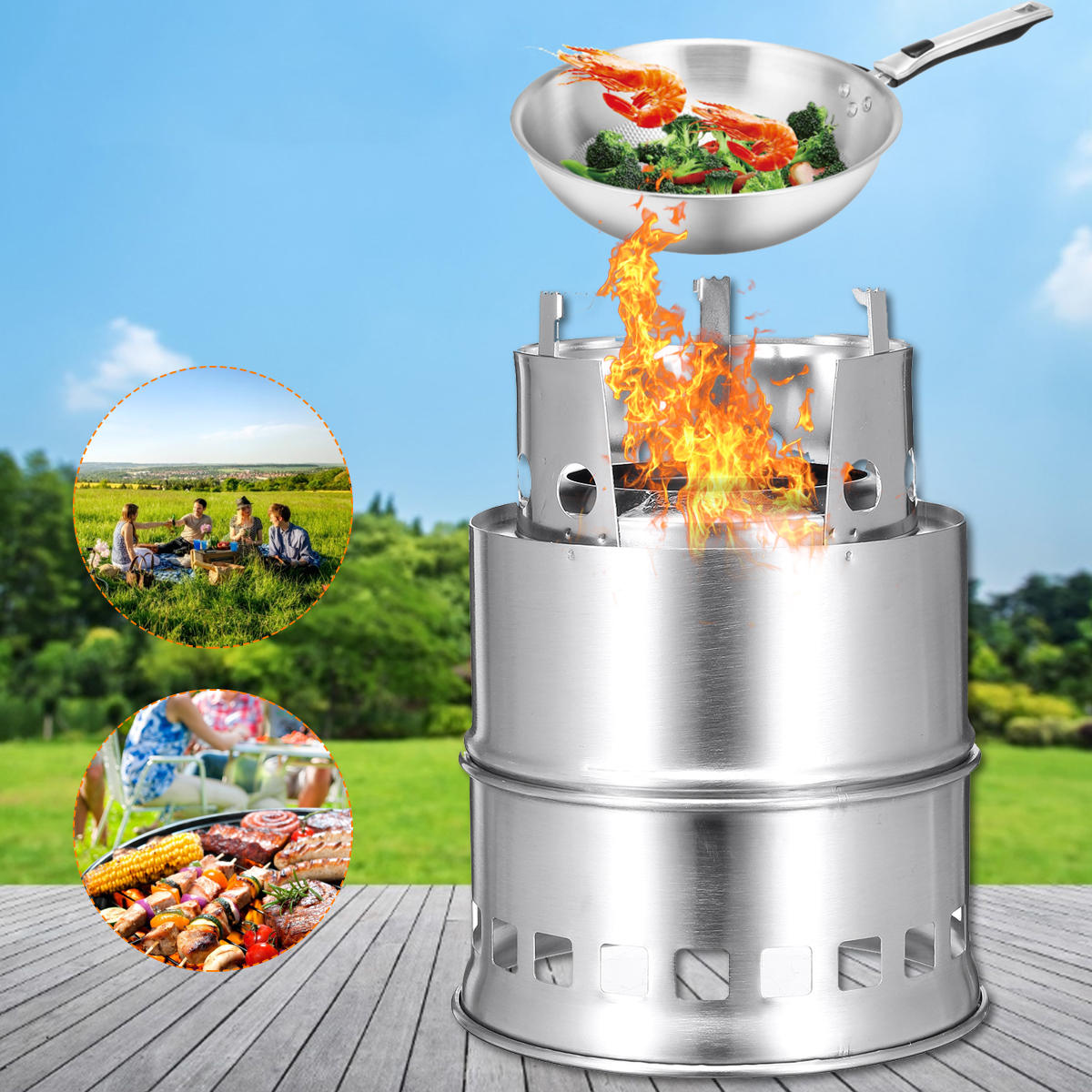 Stainless Steel Camping Wood Stove Picnic BBQ Grill Alcohol Stove 