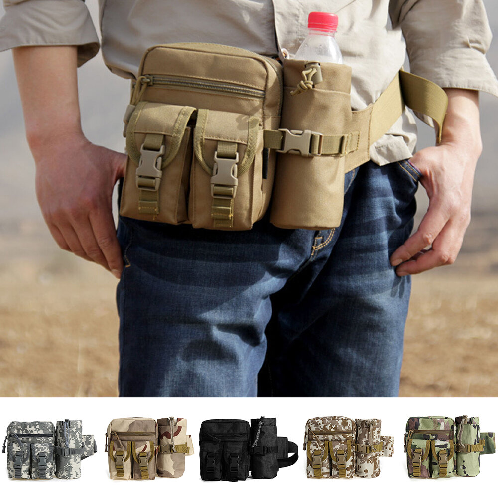 Bolsa táctica de cintura con múltiples bolsillos y soporte para botella de agua para senderismo y caza