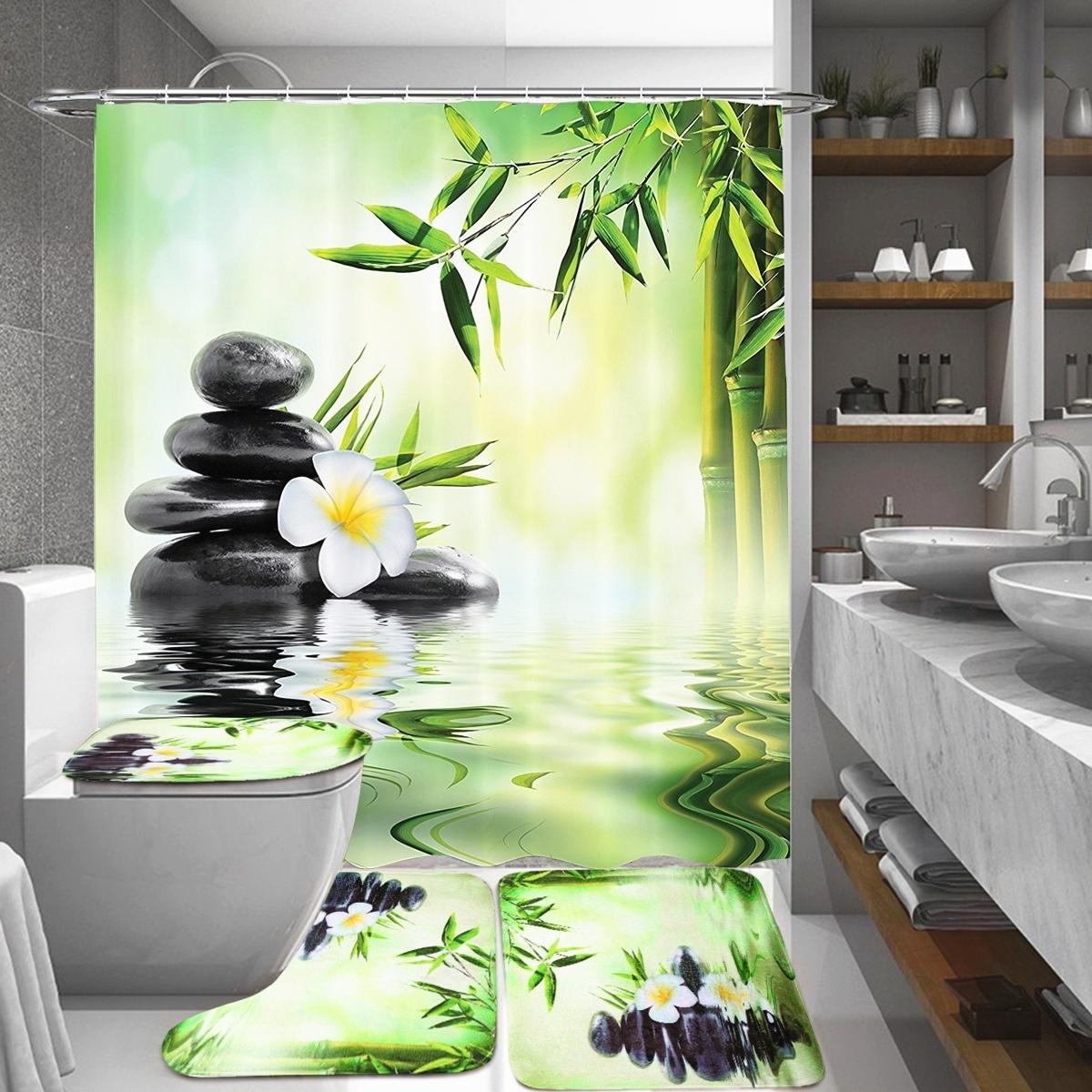 Bamboe gedrukte badkamer douchegordijn met 12 haken antislip toiletbril cover mat tapijten