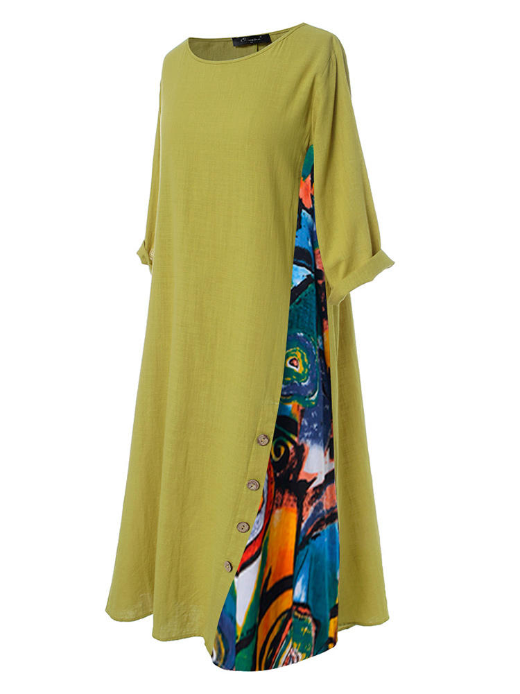 print splice contrast color long sleeve vintage dress at Banggood