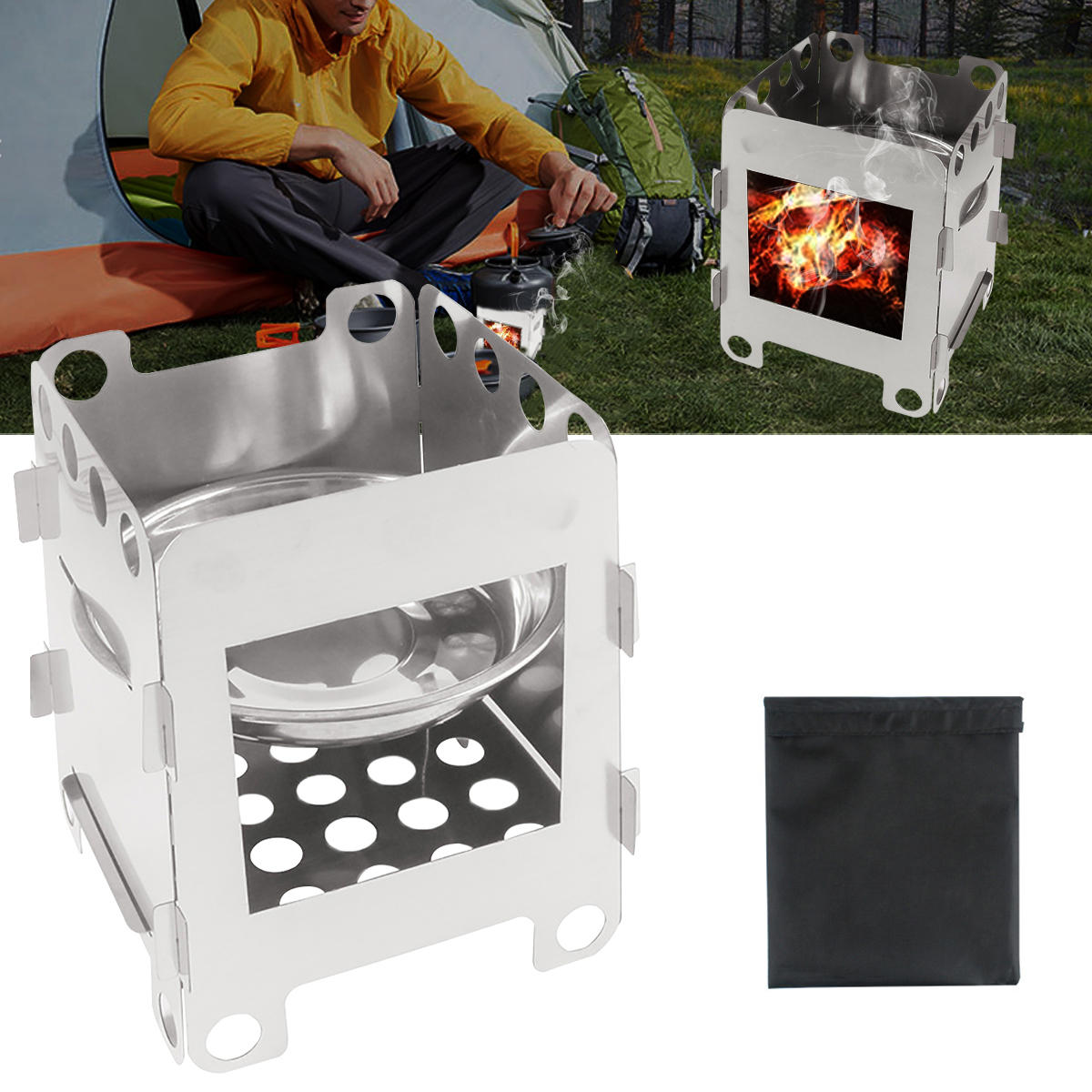 IPRee® al aire libre Estufa de leña portátil para cocinar Horno con quemador de barbacoa para picnic de acero inoxidable cámping Senderismo