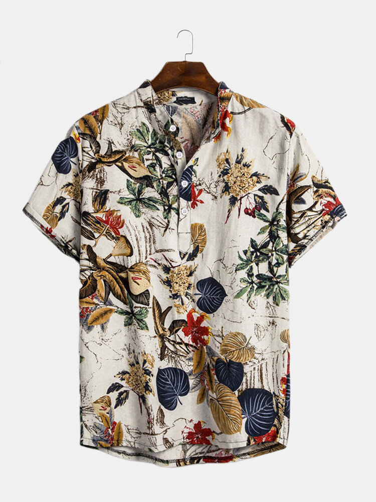 Heren Cottonn tropische bladeren Prinnt Oosterse Henley-shirts met korte mouwen