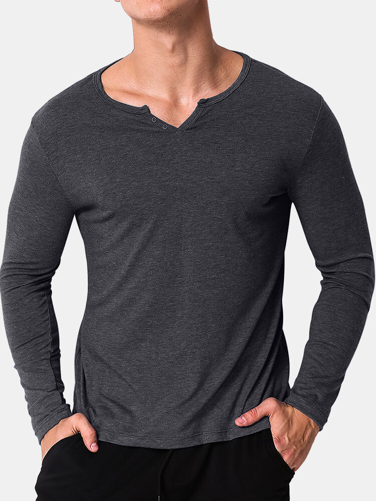 Men's Long Sleeve T Shirt Cotton Undershirt V Neck Tee Henley Shirts Slim Fit Tops