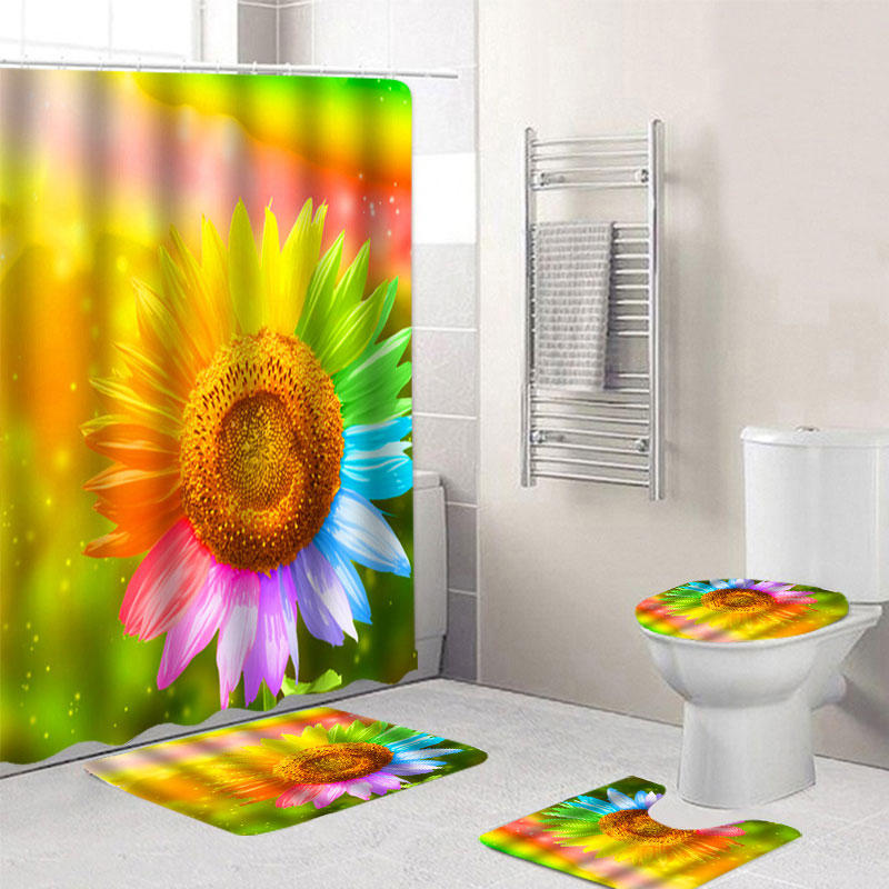 Multicolor Zonnebloem Badkamer Set Waterdicht Douchegordijn Antislip Vloermat Tapijt Deksel Wc Cover