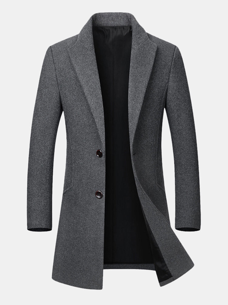 

Mens Business Casual Woolen Trench Coat Mid-long Single Breasted Slim Fit Coat