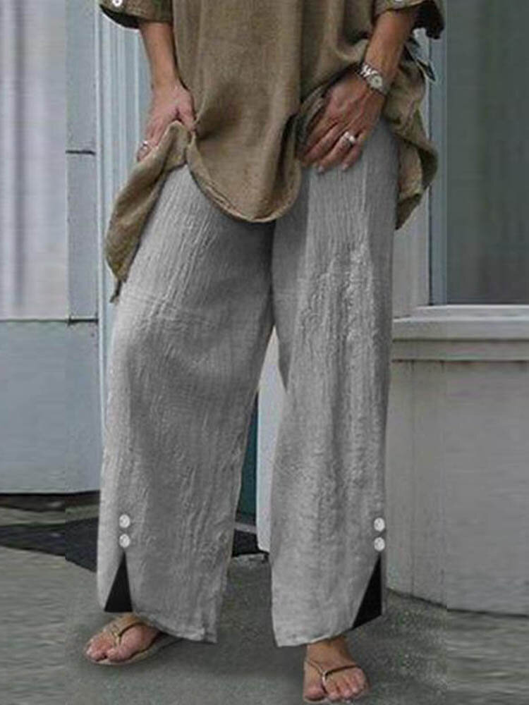 Casual dames elastische taille Pure kleur katoenen broek met zakken