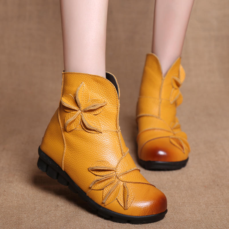 Women Handmade Flower Genuine Leather Comfy Ankle Short Boots