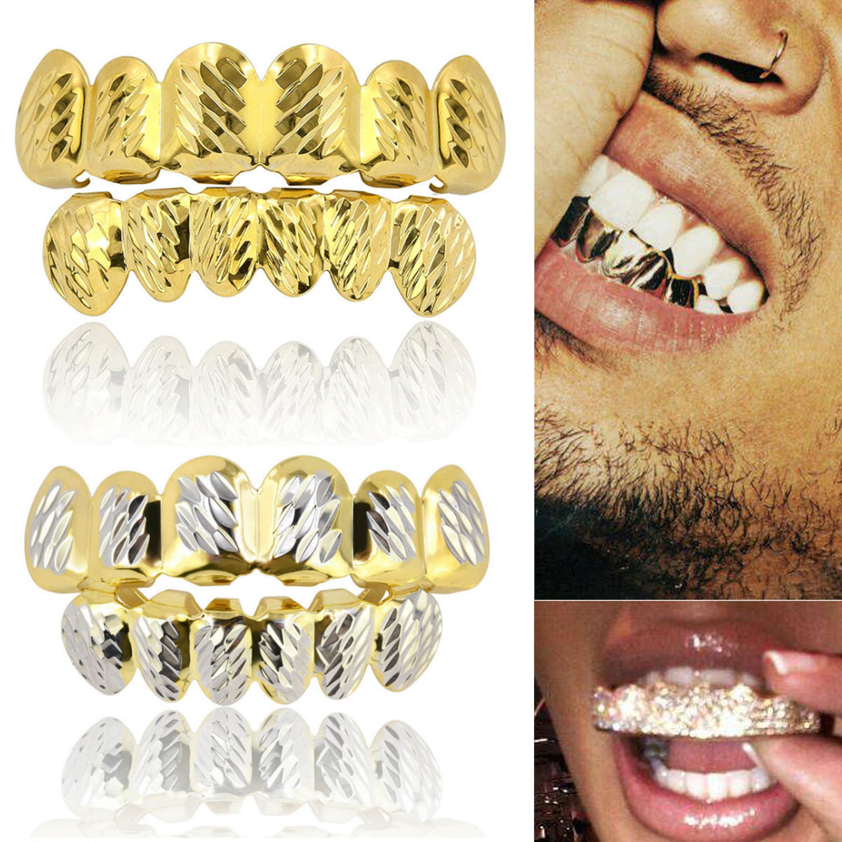 Aangepaste gouden strook vergulde hiphop tand mond caps bovenste bodem grill set tandheelkundige ger