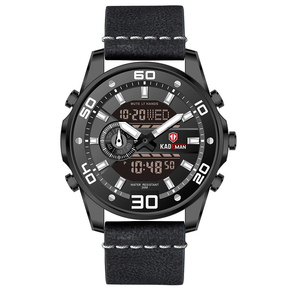 

KADEMAN 6156G Fashion Men Digital Watch Luminous Date Week Display Leather Strap Dual Display Watch