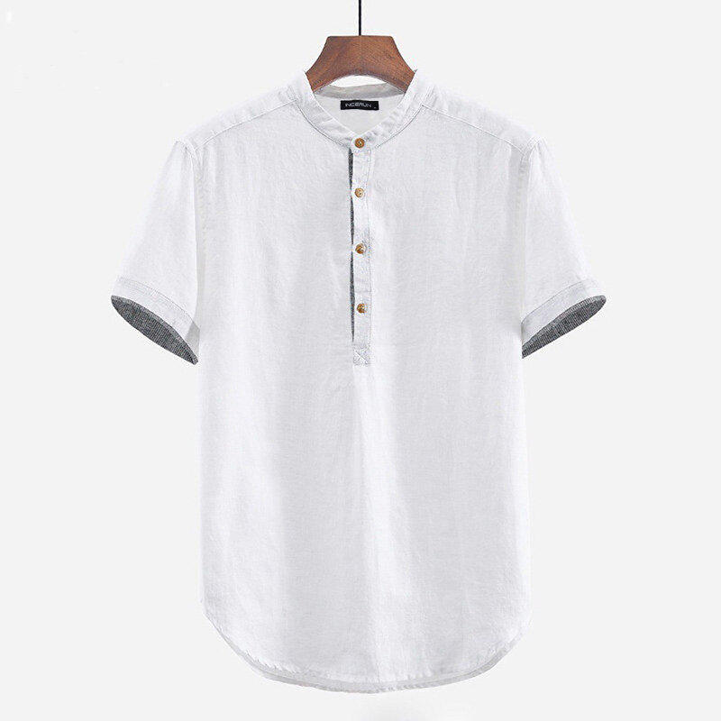 Mens vintage half buttons solid color short sleeve casual shirts Sale ...
