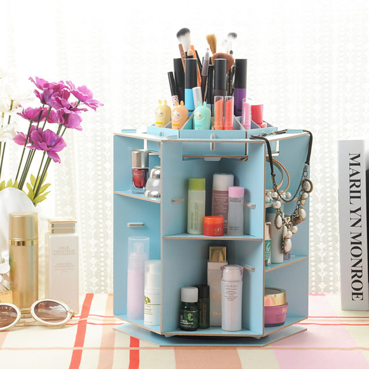 Multifunctional Desktop 360? Rotating Cosmetic Storage Box Wooden Makeup Organizer Case with Mirror 