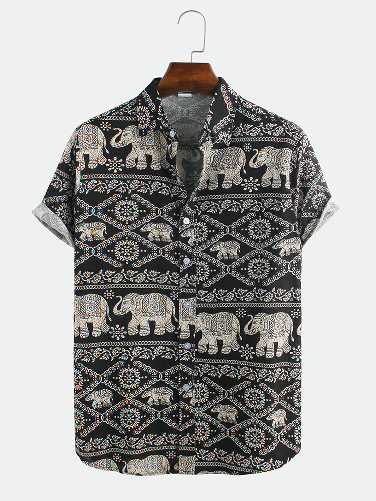 Mens Ethnic Elephant Printed Short Sleeve Casual Shirts