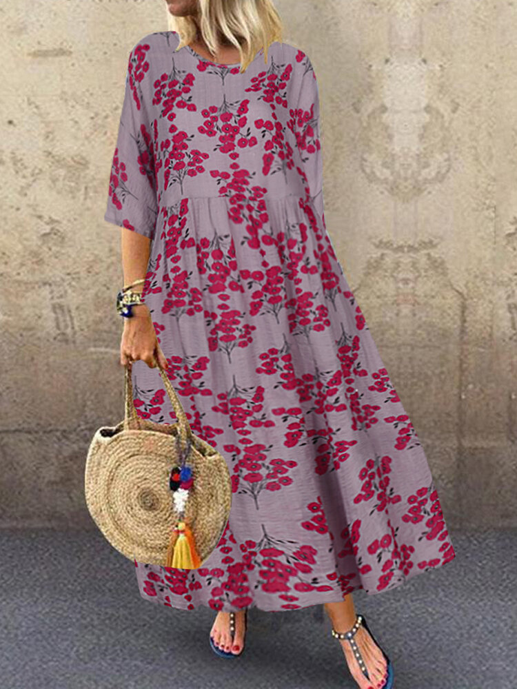 Women 3/4 Sleeve O-neck Floral Maxi Dress