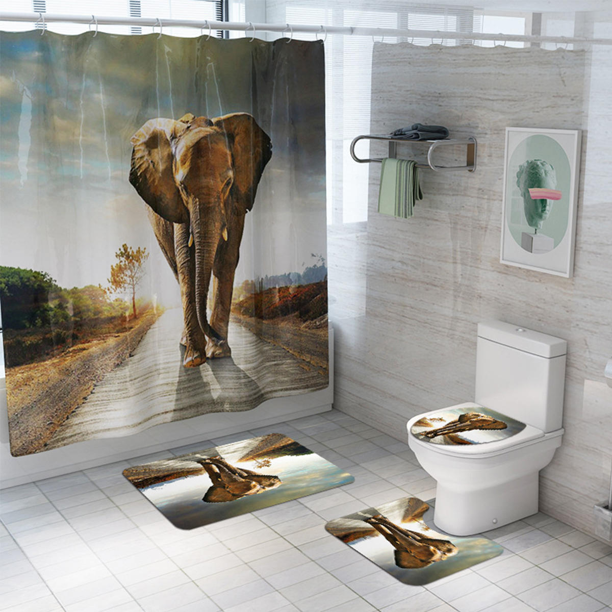 4/3/1PCS Elephant Bathroom Toilet Floor Mat Waterproof Shower Curtain Non-slip Flannel Coloured Door Mat Bathroom Carpet