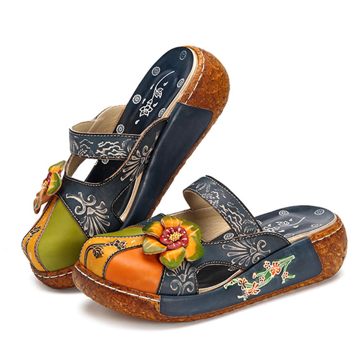 48% OFF on Women Genuine Leather Flower Decoration Backless Colorful Hollow Out Wedge Sandals