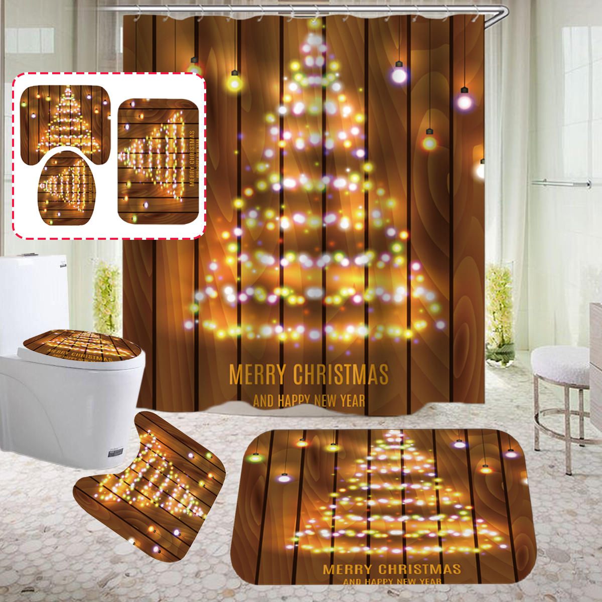 

Wooden Strip Christmas Tree Bathroom Shower Curtain Non-slip Mats Toilet Cover