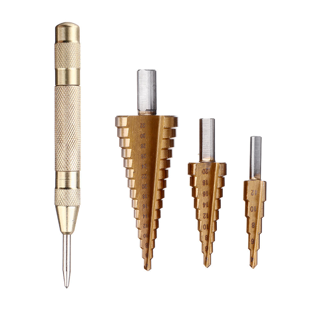 

Drillpro 4pcs 4-12/20/32mm HSS Titanium Step Cone Drill Bit with Automatic Center Pin Punch