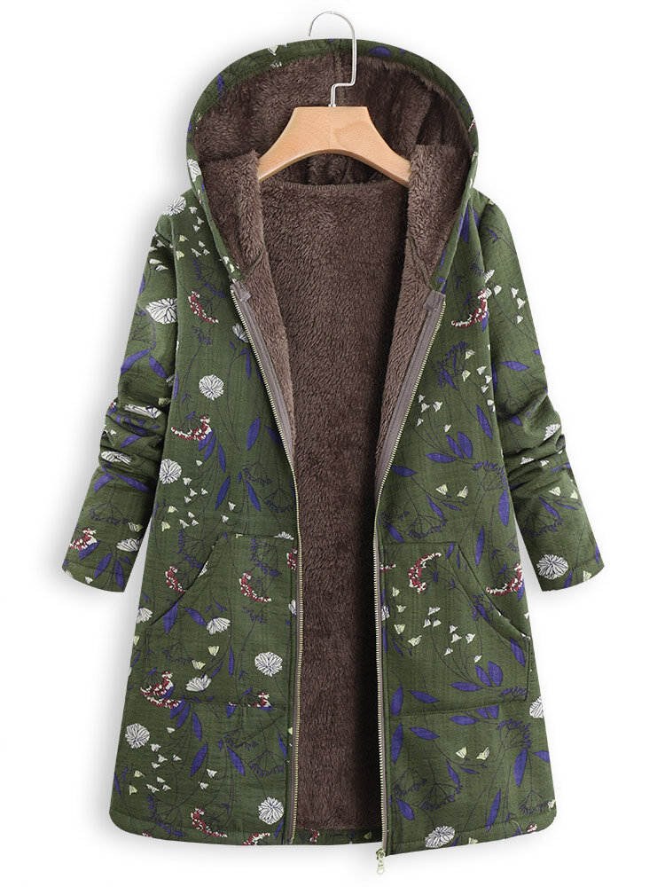 Buy Floral Print Hooded Long Sleeve Pockets Vintage Jacket Coats Free ...