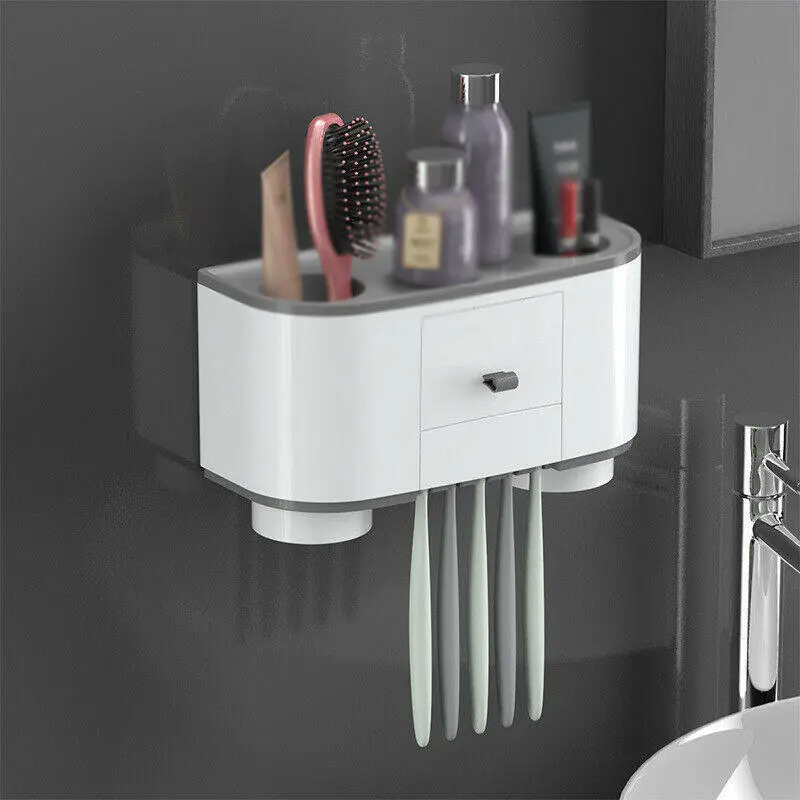 Magnetic adsorption toothbrush holder with cup wall mount and washing storage storage baskets