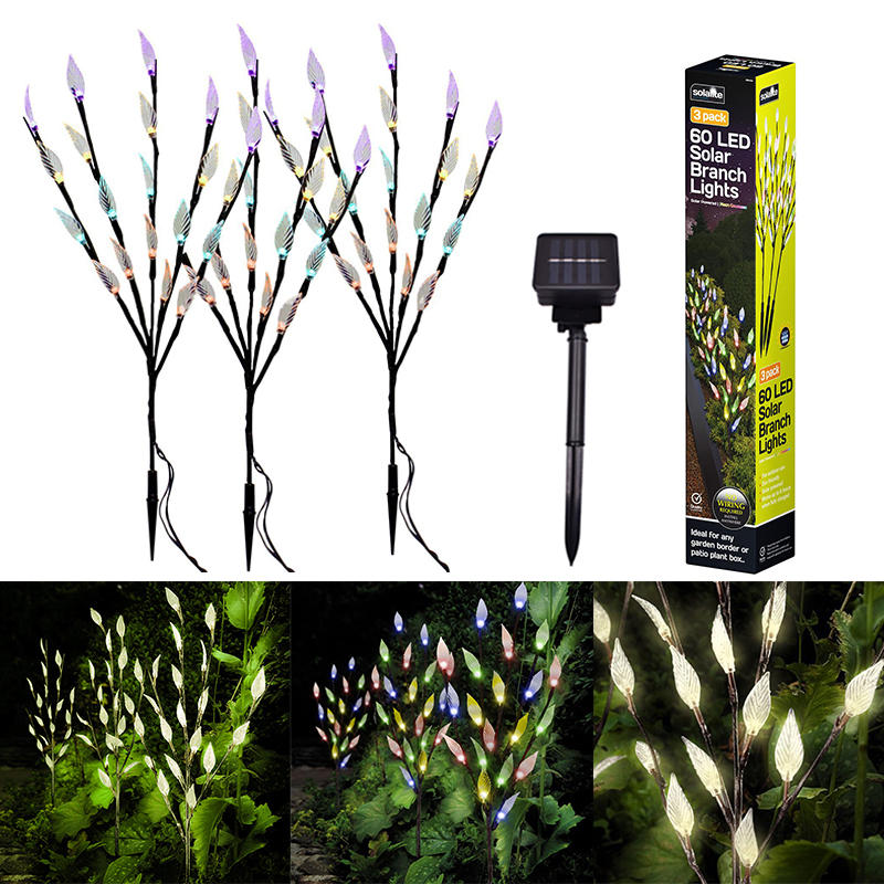 3PCS Solar Powered Tree Branch Leaf Pattern LED Garden Holiday Light Outdoor Path Waterproof Decorative