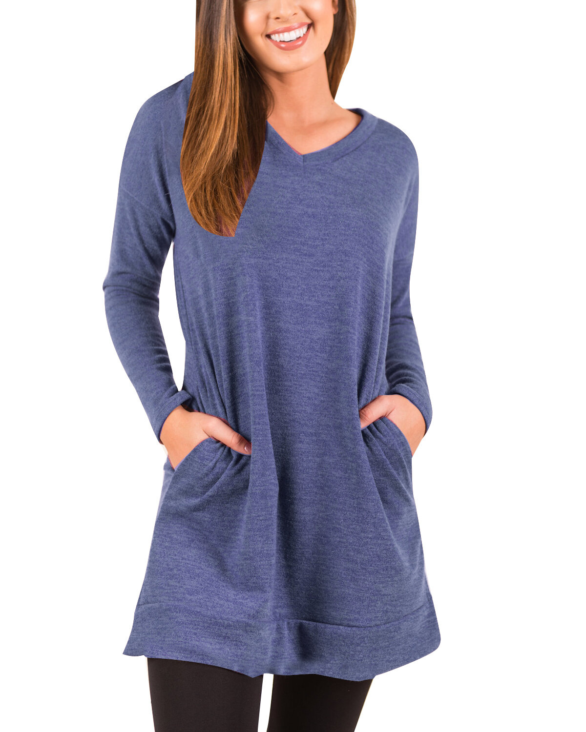 Women Long Sleeve Causal V Neck Solid Pockets Pullover Sweatshirt