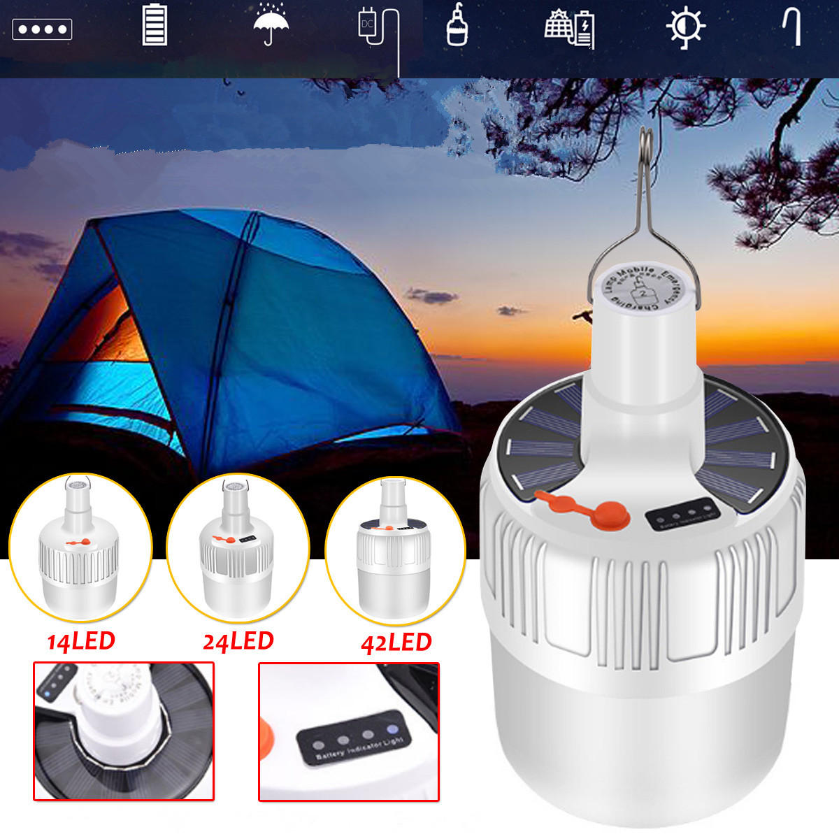 14/24/42 LED USB Rechargeable Solar Panel Powered Emergency Lamp Camping Light