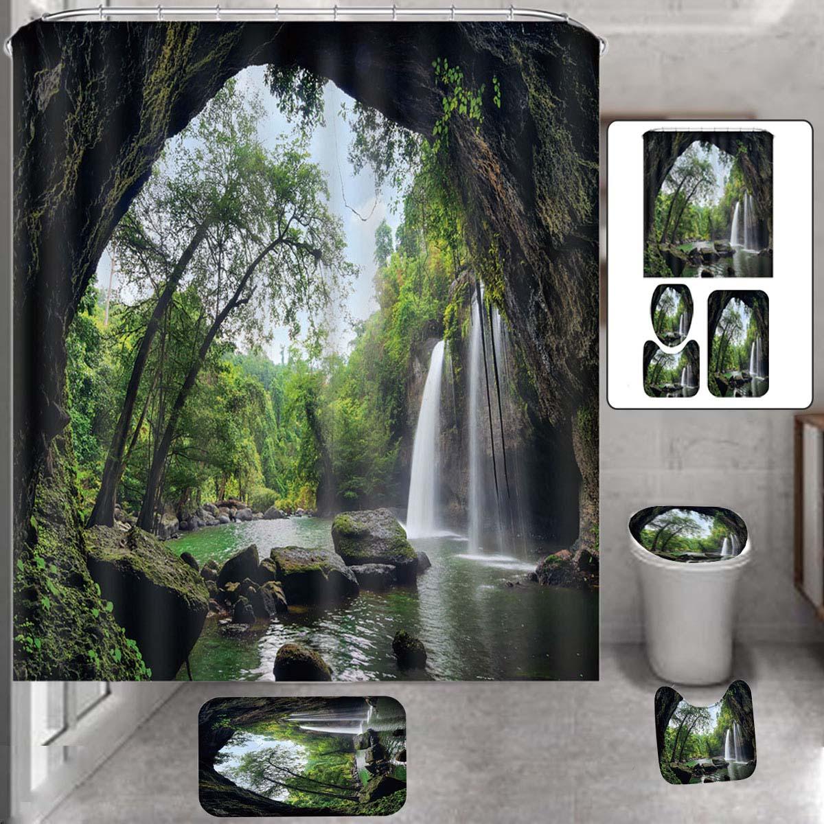 Natuurlijke waterval Douchegordijn Thuis Tapijt Badkamer Decor Toiletbril Cover Voetstuk Badmat Tapi