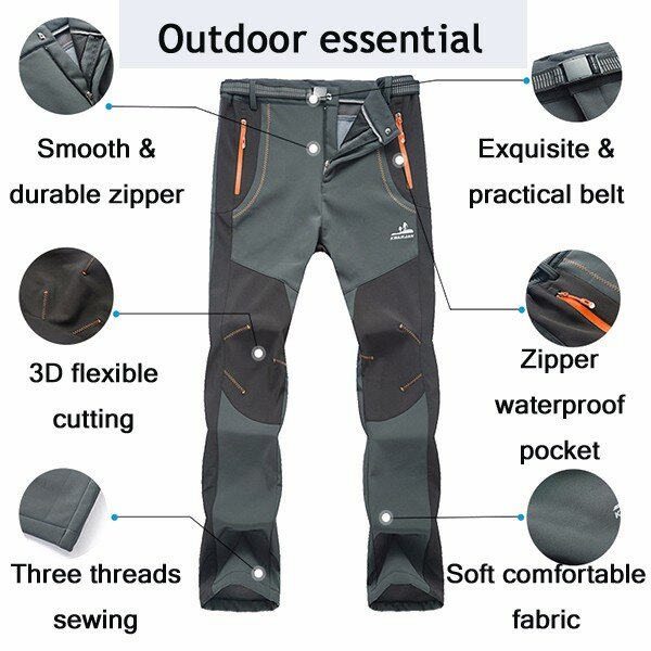 UPON HIKING Men Outdoor Pants Soft Shell Elastic Nylon Waterproof Fleece 
