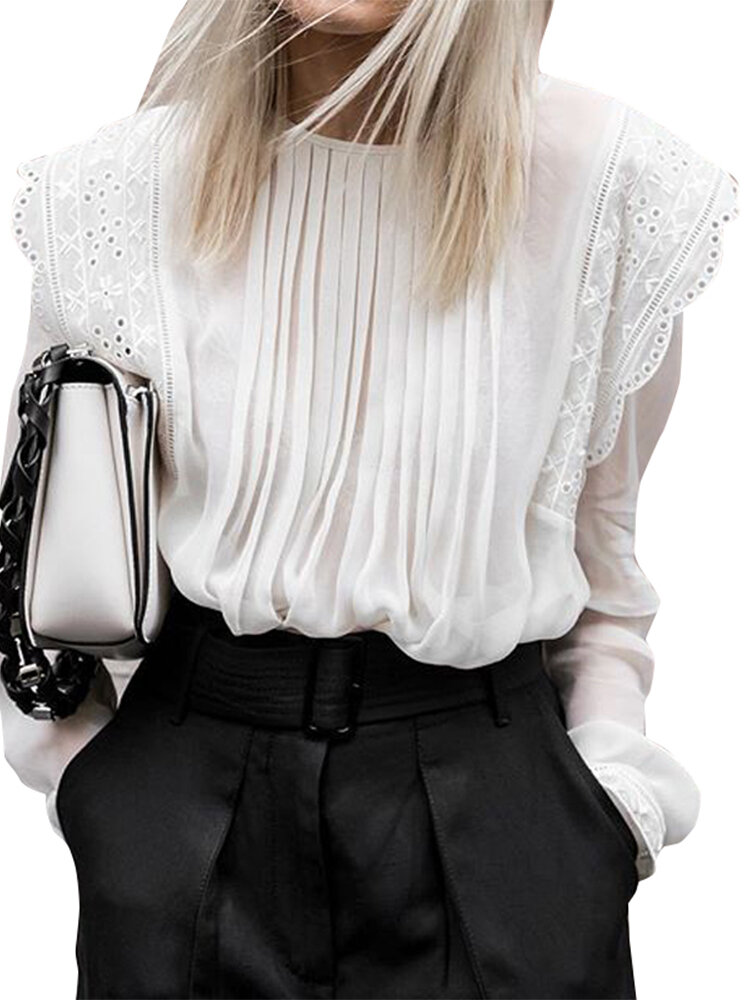 

Lace Patch Loose Puff Long Sleeve Shirts O-neck Pleated Blouse For Women