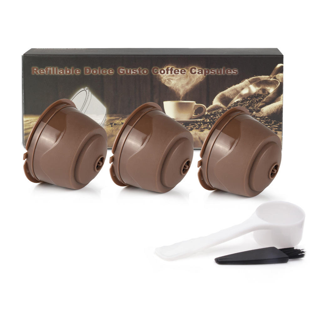 

3Pcs/Set 50-100ml Plastic Refillable Coffee Capsule Cup Reusable Coffee Pods w/ 8ml Coffee Spoon Brush for Dolce Gusto B