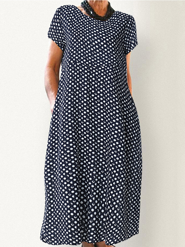 Crewneck Polka Dot Print Short Sleeve Midi Dress