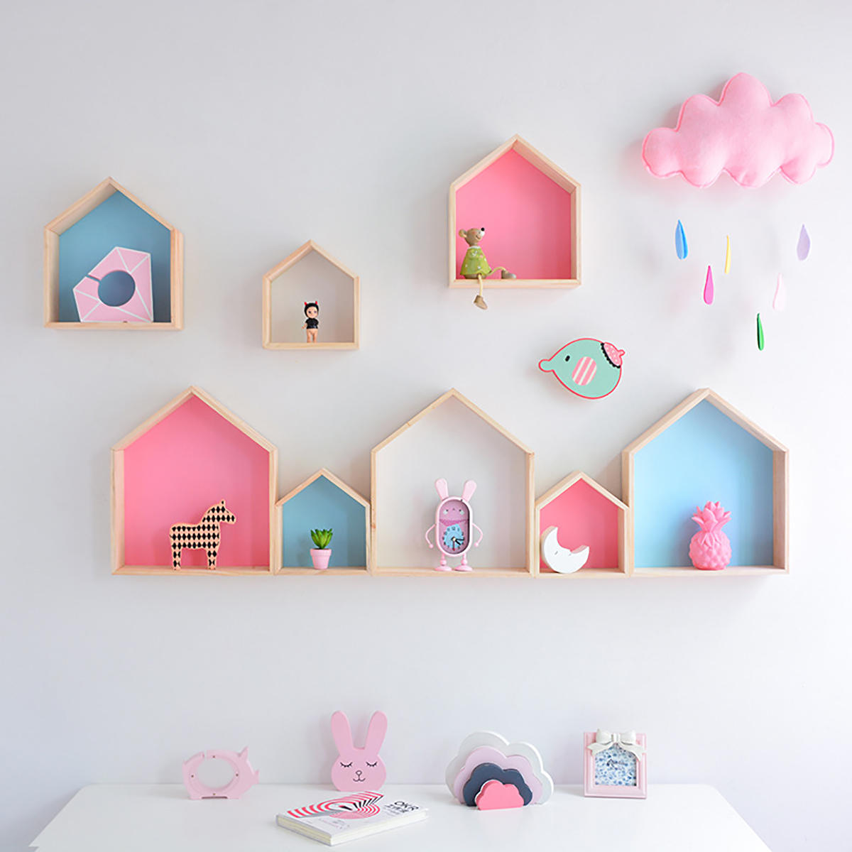 Houten huis vorm muur opknoping plank speelgoed opbergrek Home Decorations