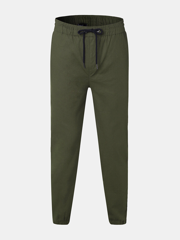 Mens Fashion 100% Cotton Solid Color Elastic Waist Casual Pants