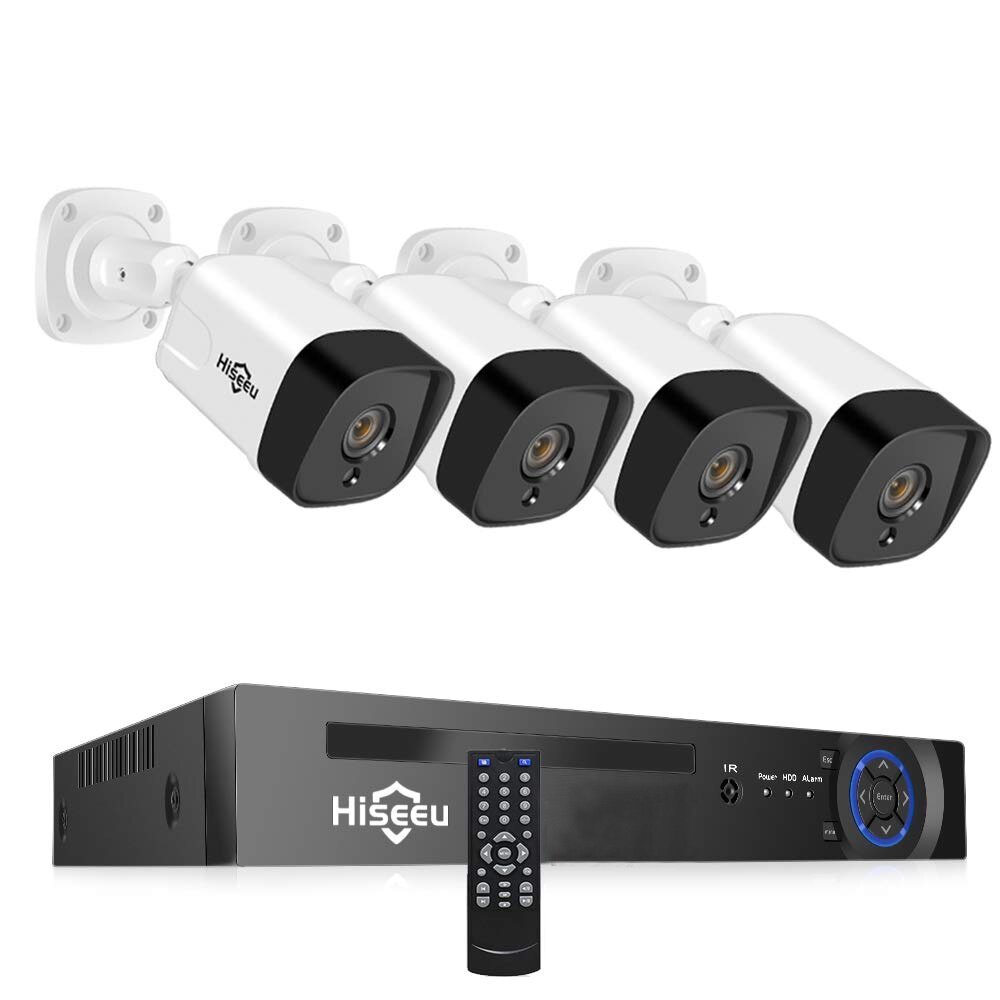 Hiseeu 4Pcs POE H.265 + Câmeras IP de Segurança 8CH 5MP Sistema de Câmera NVR Suporte Áudio Visão Noturna 10m IP66 Onvif