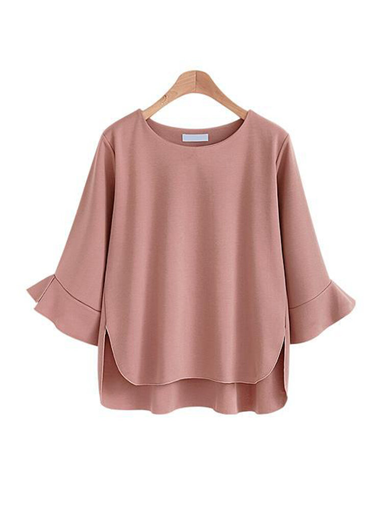 Solid color irregular hem o-neck 3/4 sleeve blouse Sale - Banggood.com