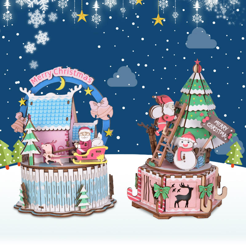 iiecreate DIY Assembled Christmas Eve and Thanksgiving Christmas Music Box Doll House Model Toy