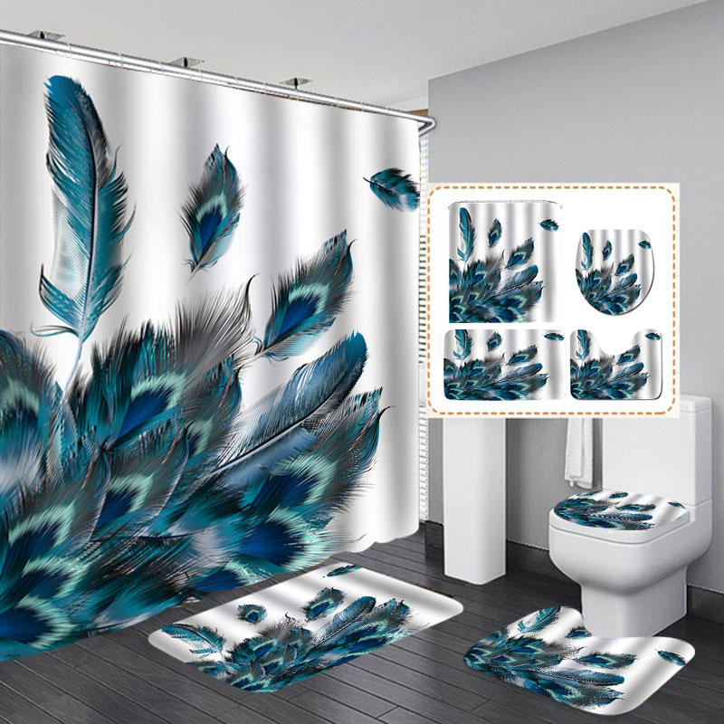 4Pcs Waterproof Peacock Feather NonSlip Bath Mat Rug Toilet Cover Shower Curtain