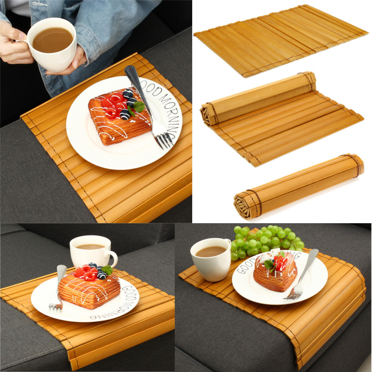 Wood Sofa Arm Rest Tray Flexible Couch Placemat Bamboo Foldable Snack Holder Table Pad