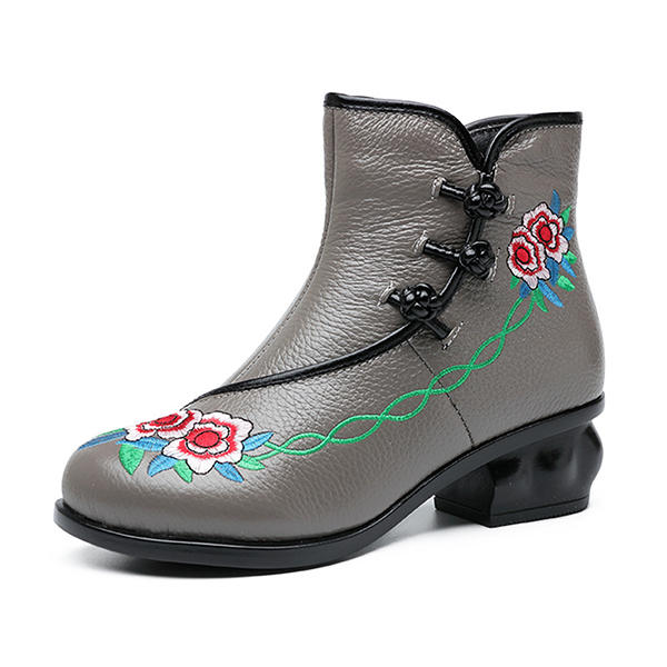 Women Embroidered Folkways Mid Heel Leather Frog Buttons Ankle Boots