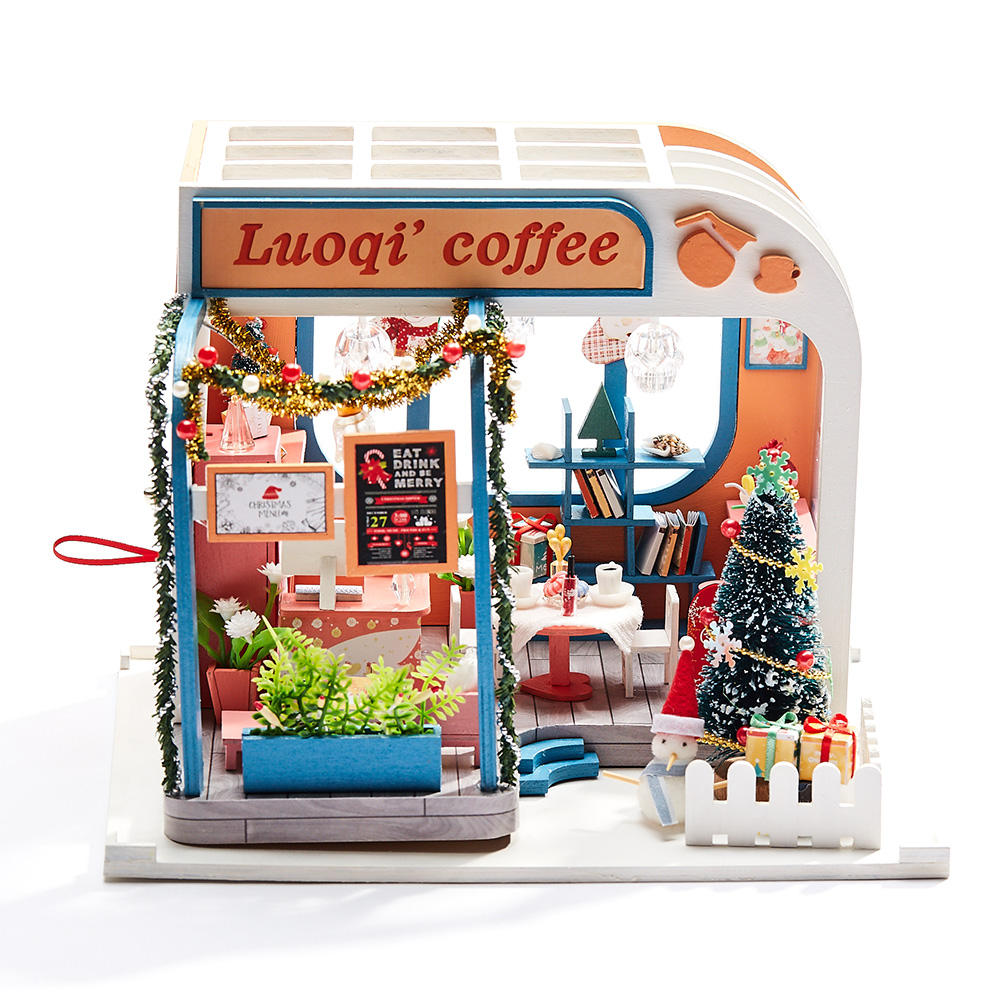 iiecreate K-046 DIY Gemonteerd Luoqi Koffiehuis Poppenhuis Kerstcadeaus Model Speelgoed