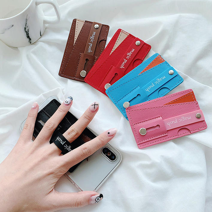 Bakeey Universal PU Leather Push Pull Sticker Phone Bracket Wristband Finger Holder with Card Slots