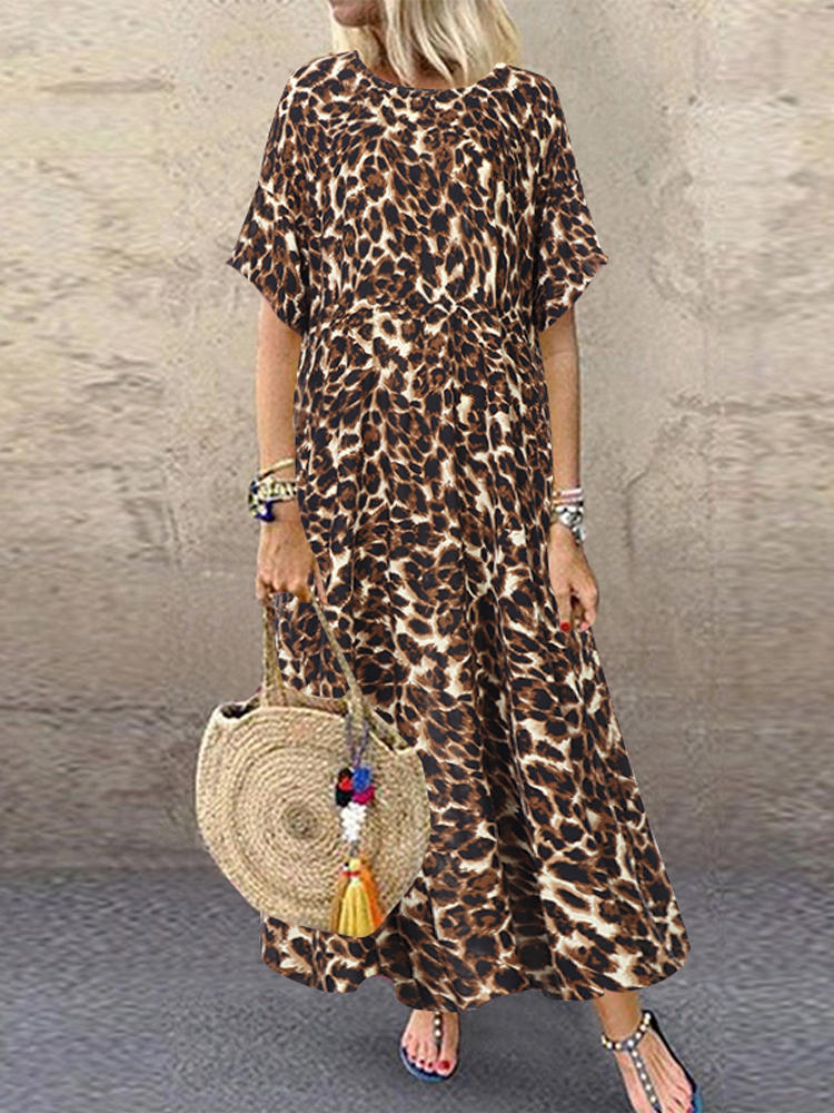 Women Leopard Print Summer Holiday Loose Casual Maxi Dress