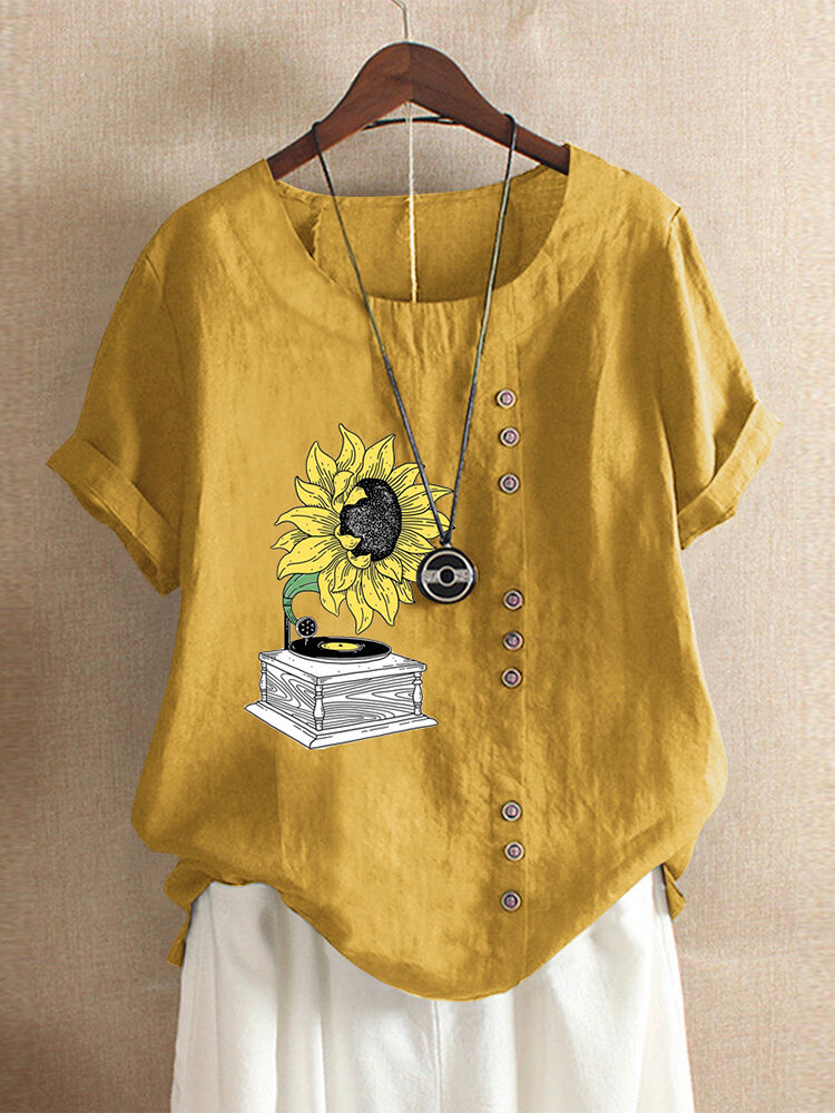 Casual print sunflower o-neck short sleeve button t-shirts Sale ...