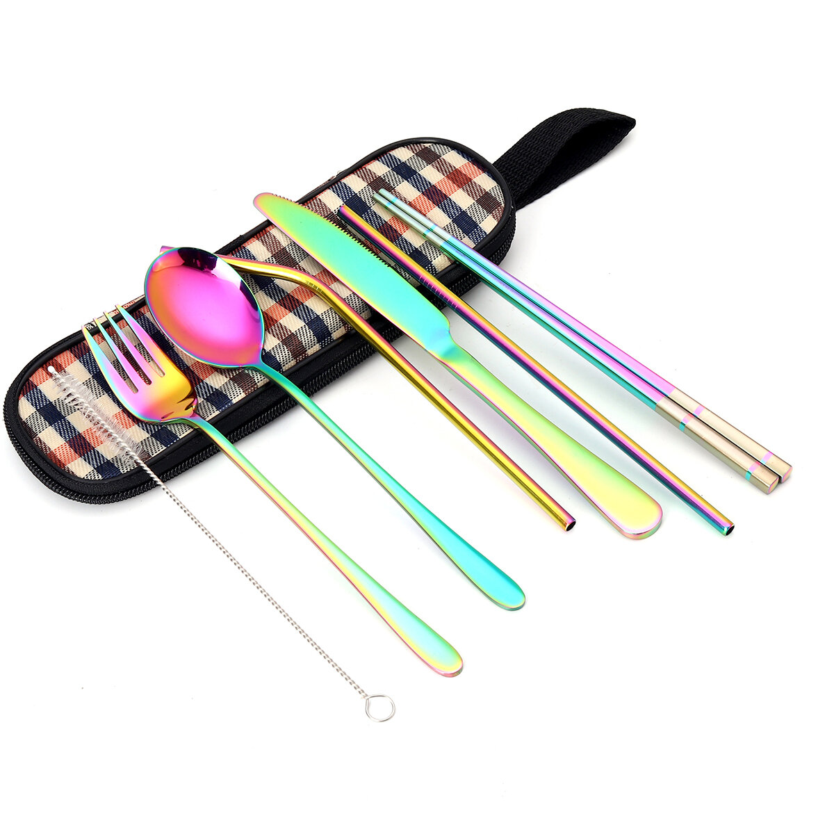 Set di posate in acciaio inox da 8 pezzi: coltelli, forchette, cucchiai, adatti per l'uso all'aperto, con borsa per il trasporto inclusa.