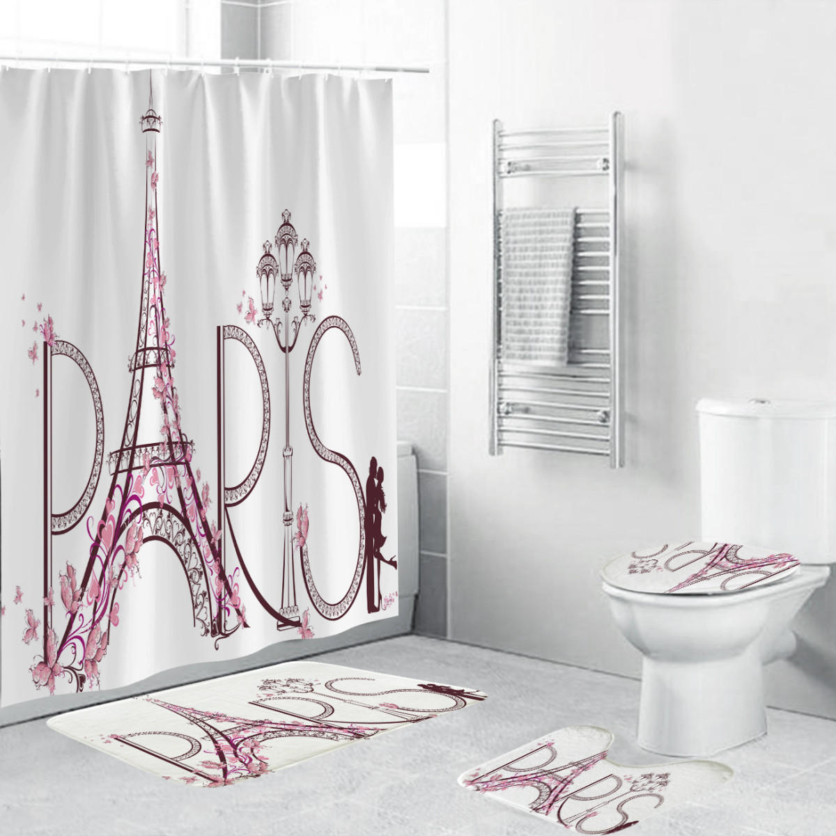 الديكور المائية باريس برج ايفل نمط دش الستار ضد للماء البوليستر النسيج الحمام غير زلة ماتس سجادة المرحاض مجموعة